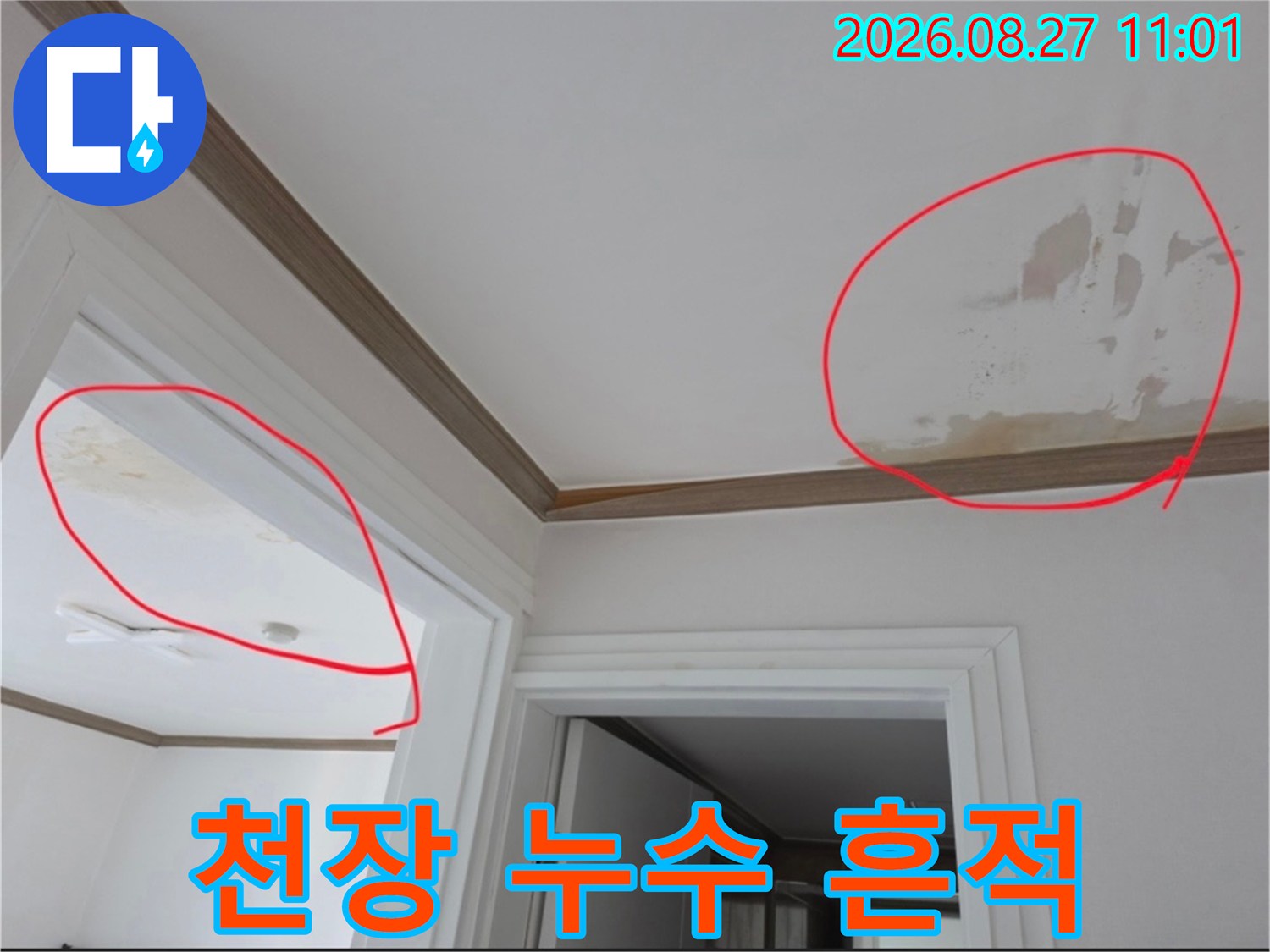 금산읍 아파트 천장의 물자국과 벽지 변색 부위입니다.