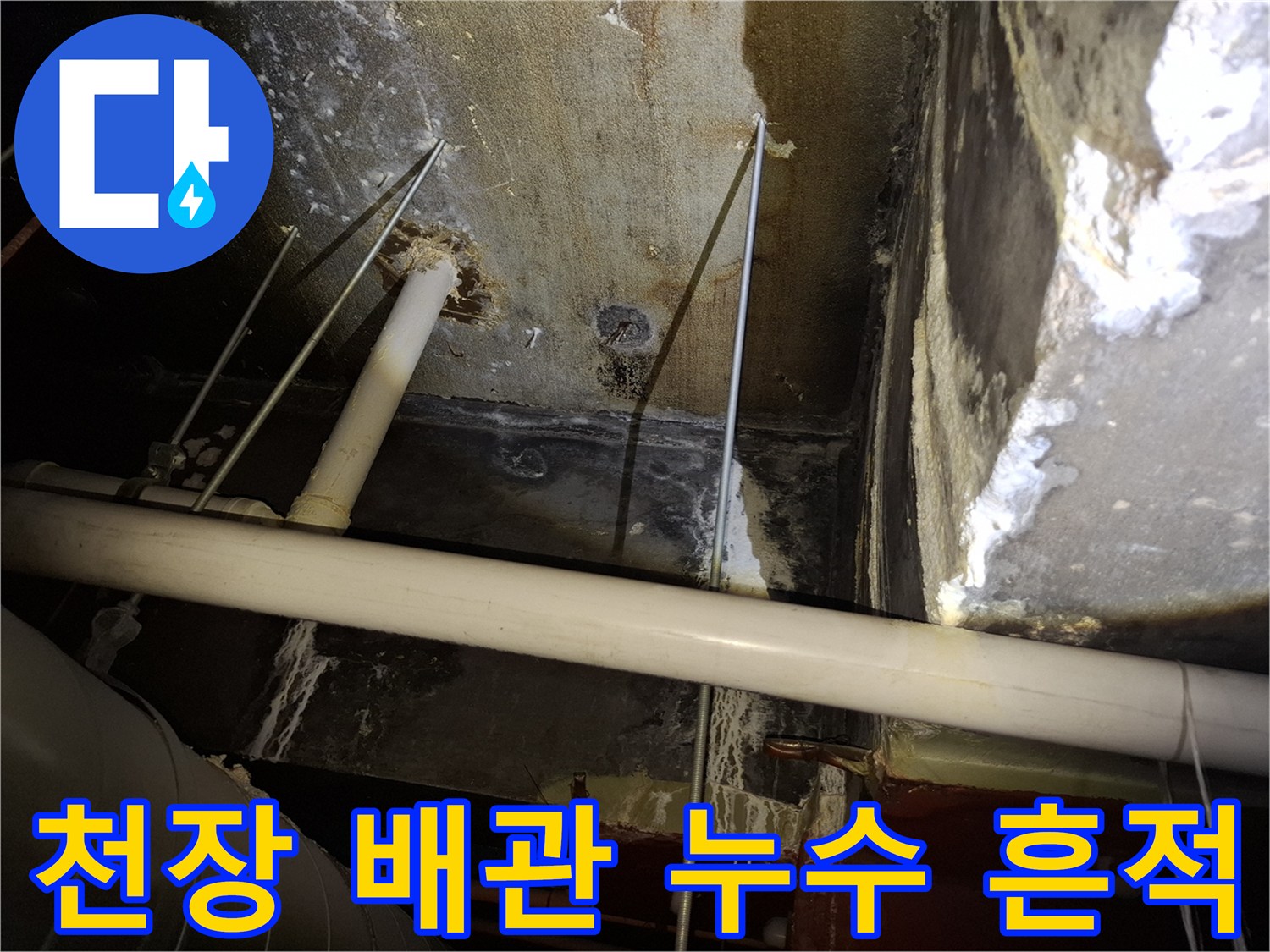 천장 내부 배관 주위의 습기와 물자국 상태