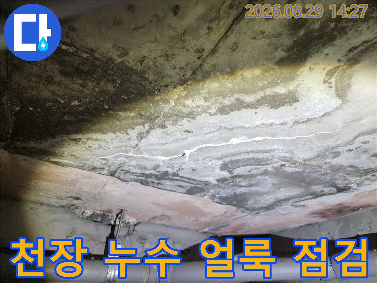 용인 상현동-천장 배관 주변에 형성된 넓은 누수 흔적과 백태