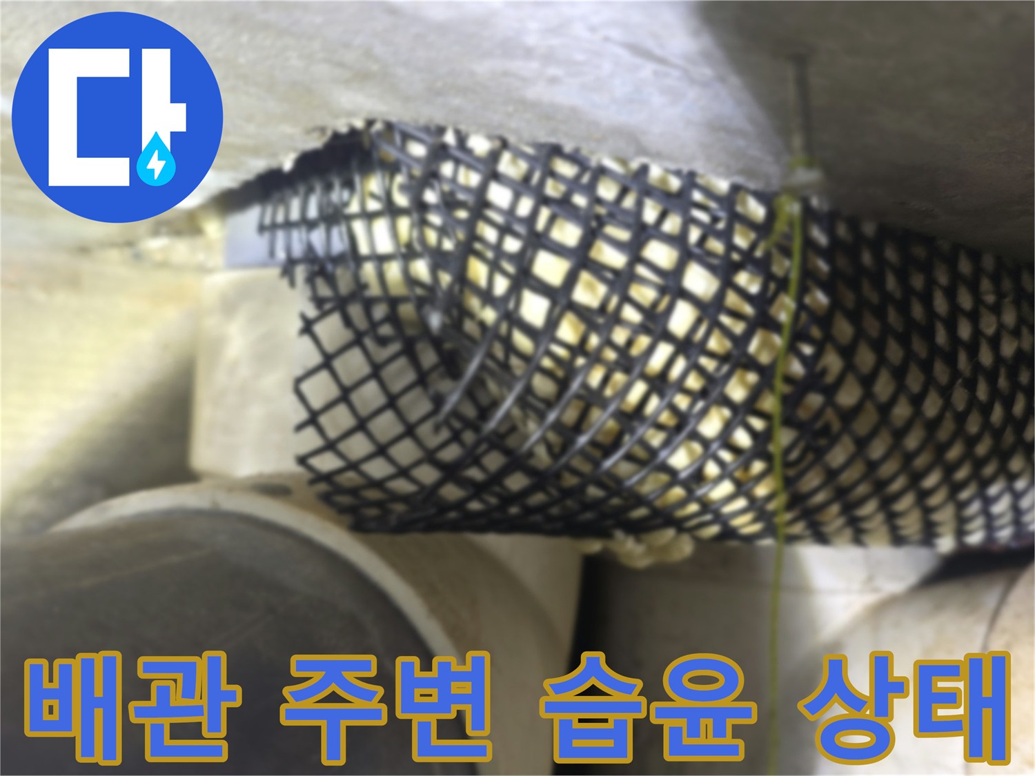 배관 보호재와 습기-습기가 머금어진 배관 부위