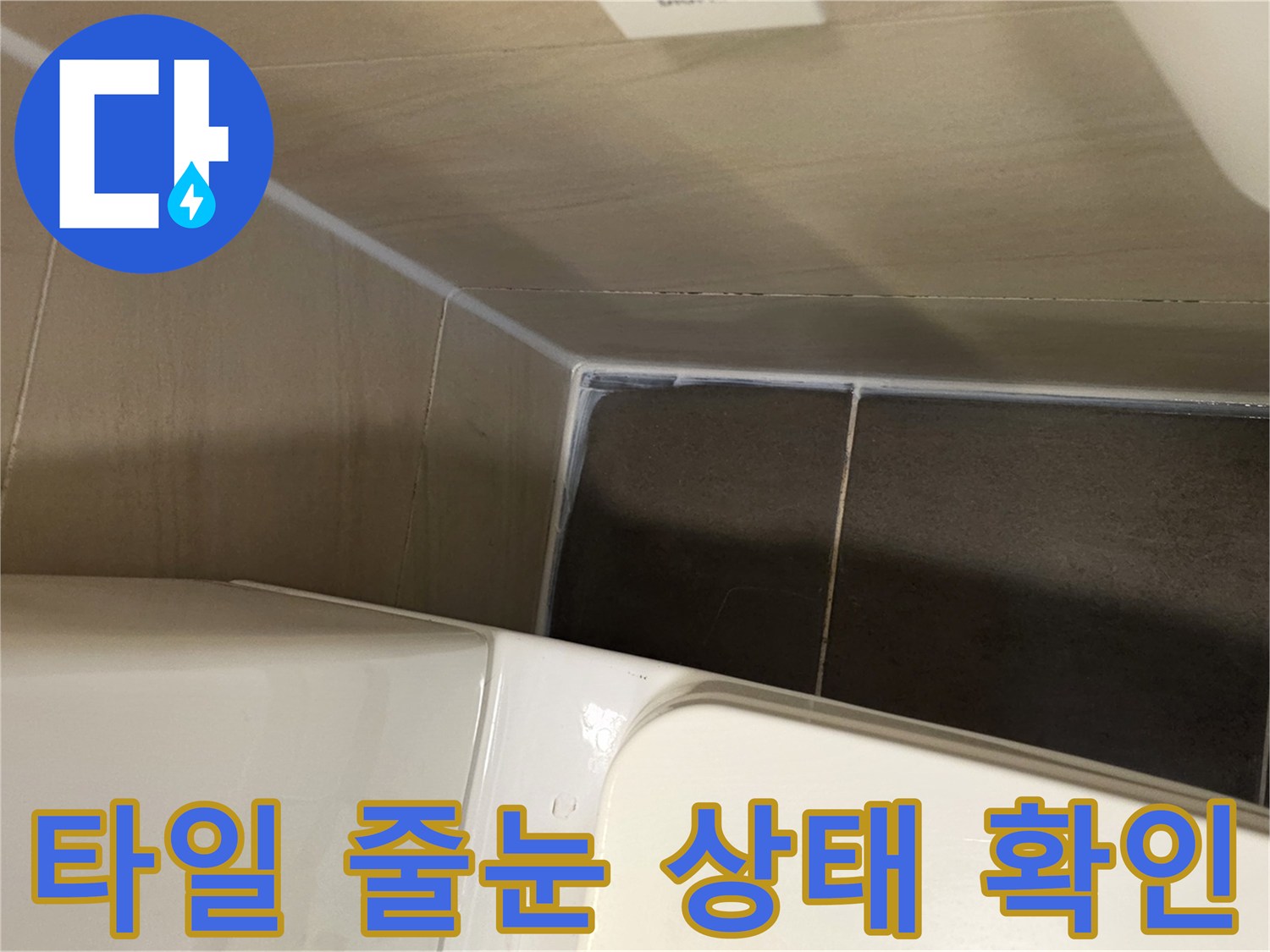 욕실 벽면과 바닥 타일의 접합 부위 틈새를 촬영한 사진