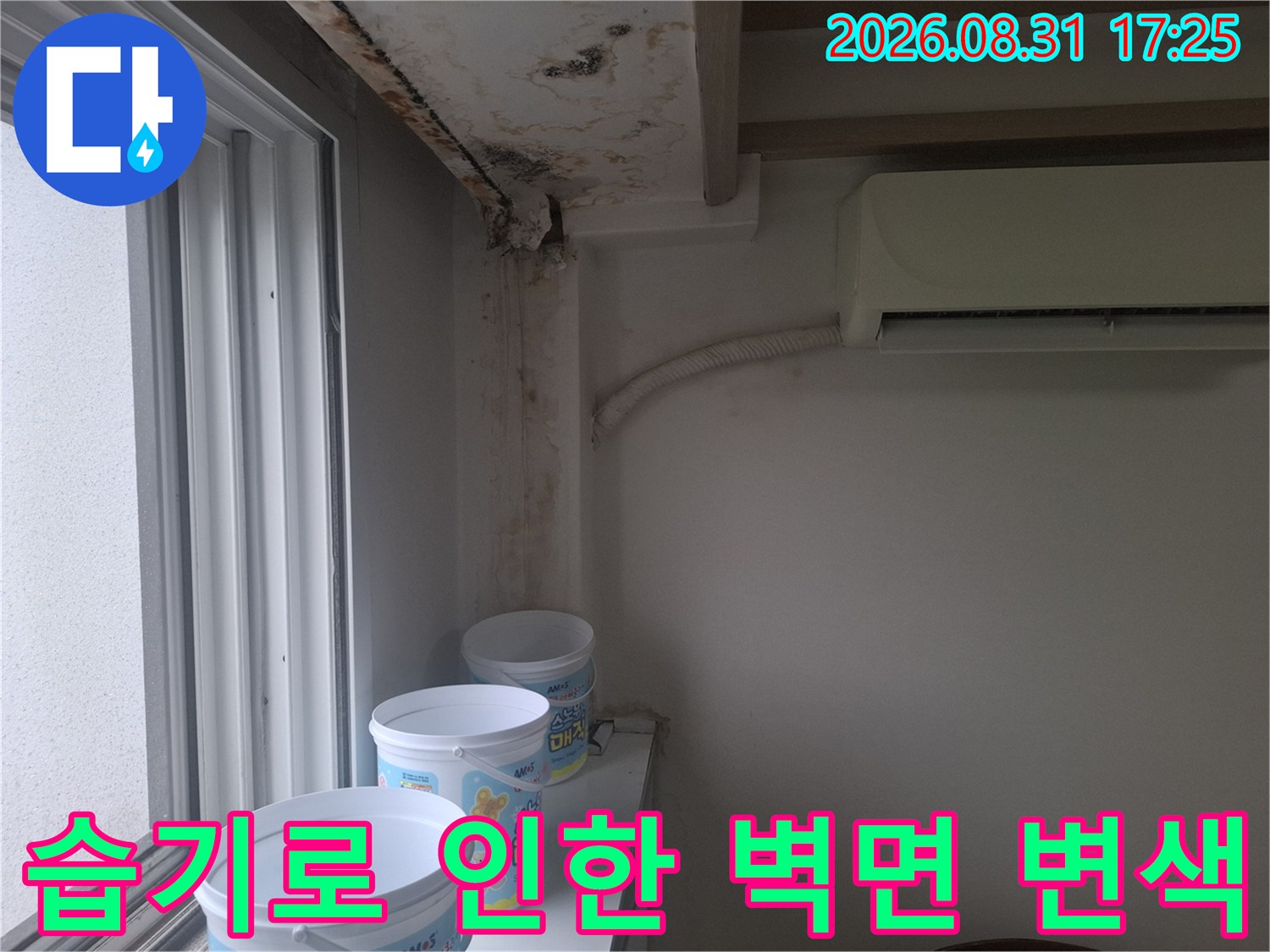 물 유입으로 인해 곰팡이가 발생하고 변색된 천장과 벽면