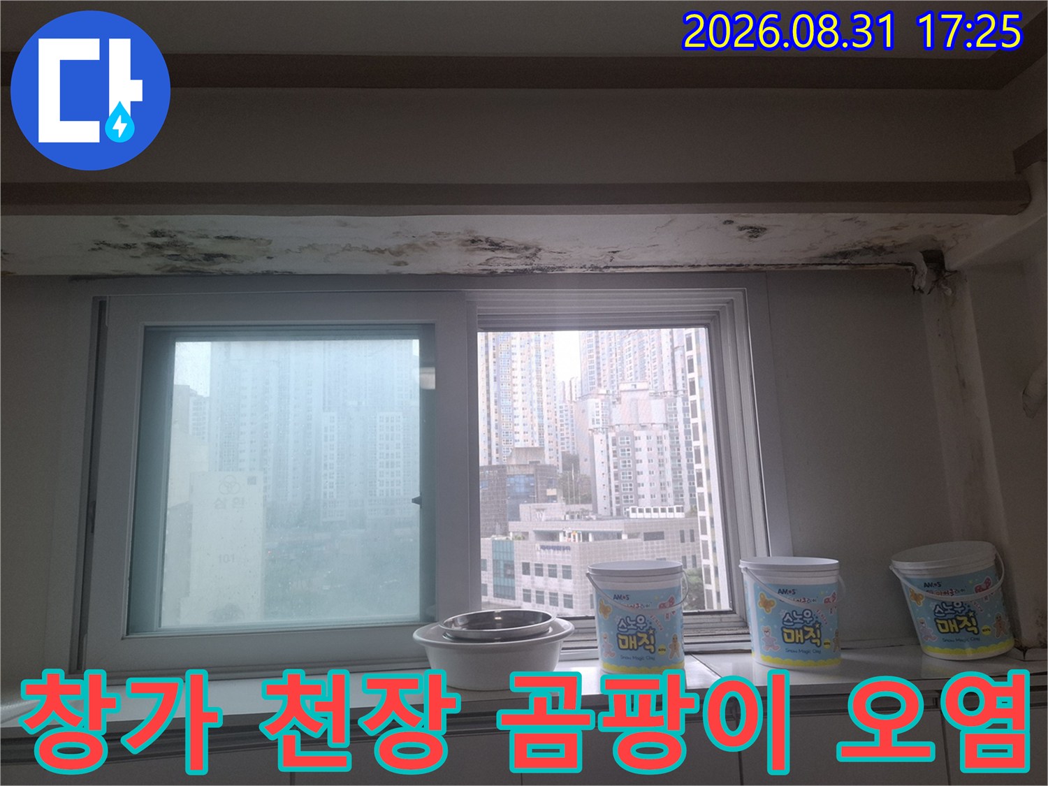 아파트 거실 창틀 상단 천장 마감재에 발생한 곰팡이와 얼룩
