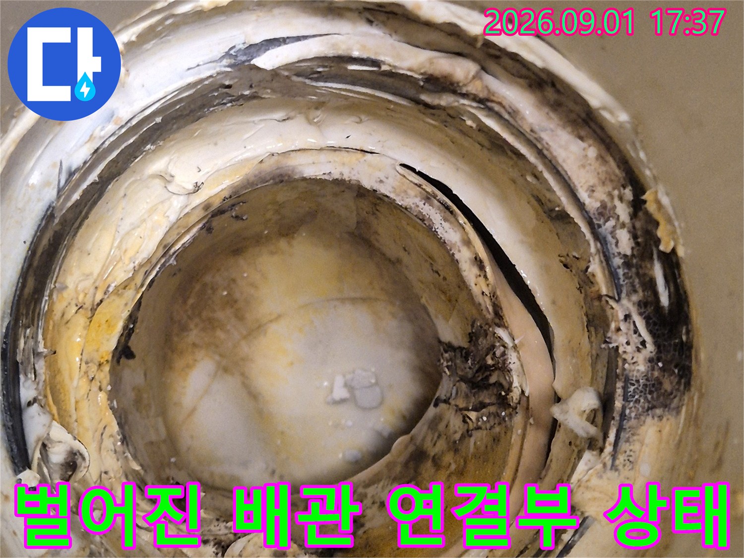 변기 탈거 후 노출된 오염된 배관 연결 부위 상세 사진