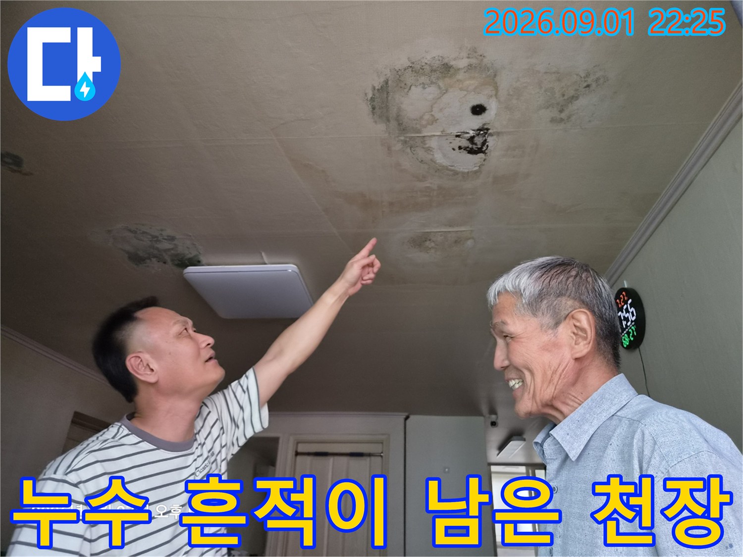 거실 천장 중앙 부근의 습기 얼룩 및 곰팡이 발생 지점