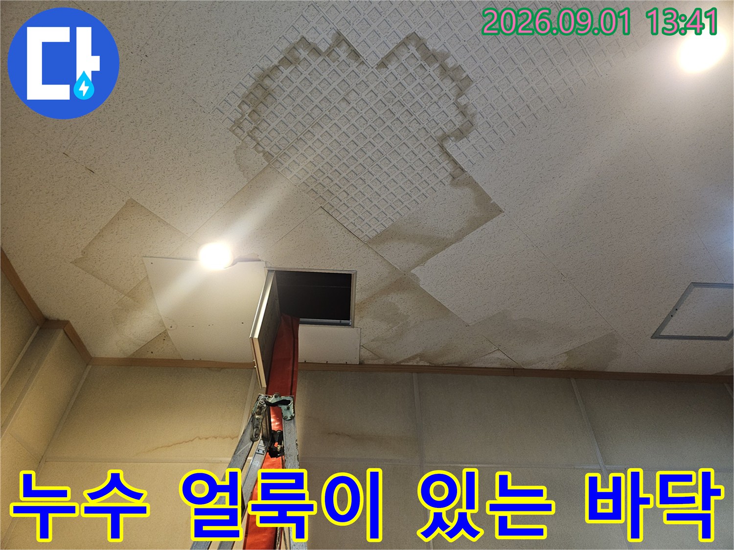 습기가 스며들어 어둡게 변한 타일과 배관 점검용 개구부 모습