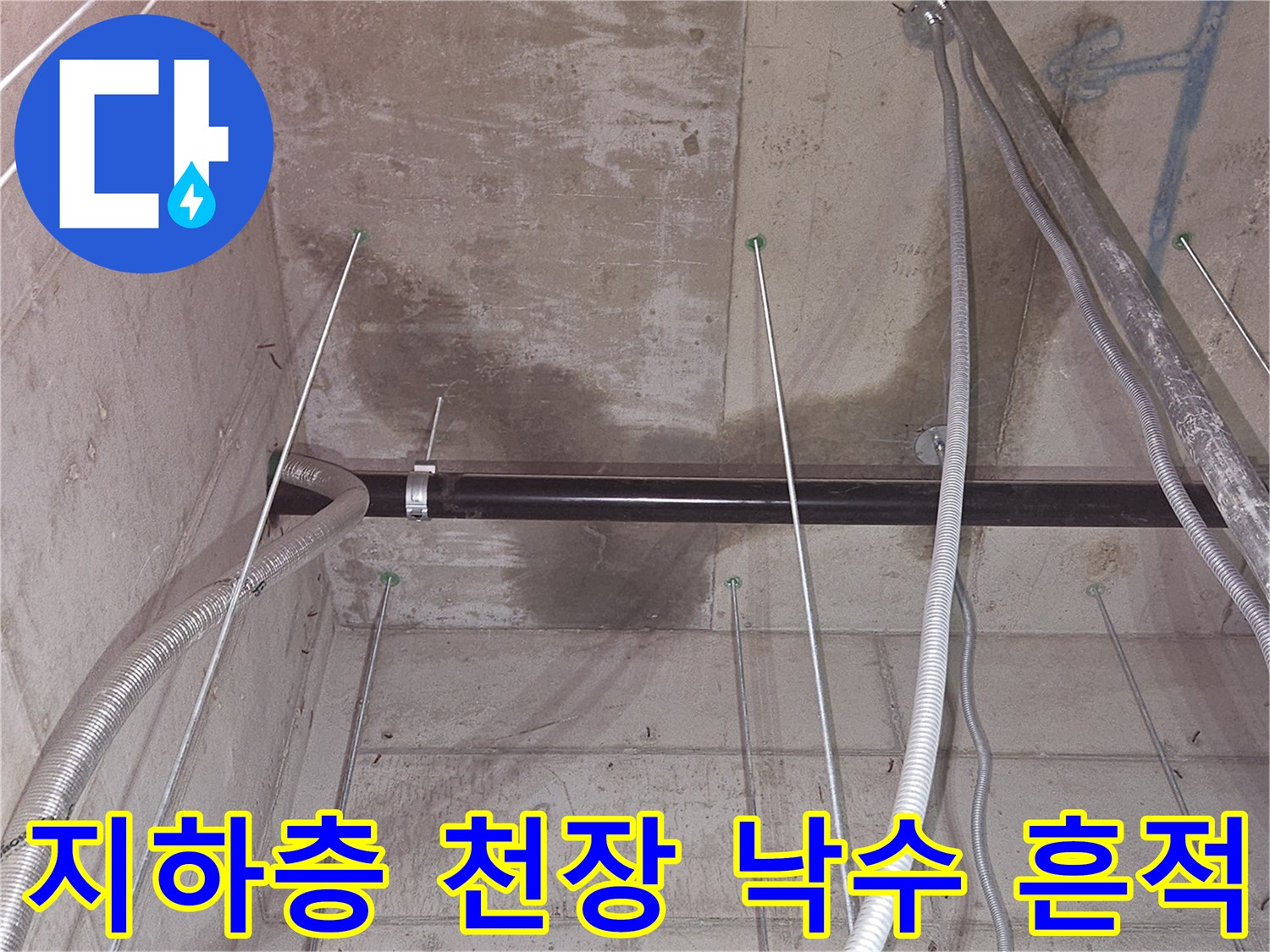 지하 창고 배관 근처의 콘크리트 누수 자국