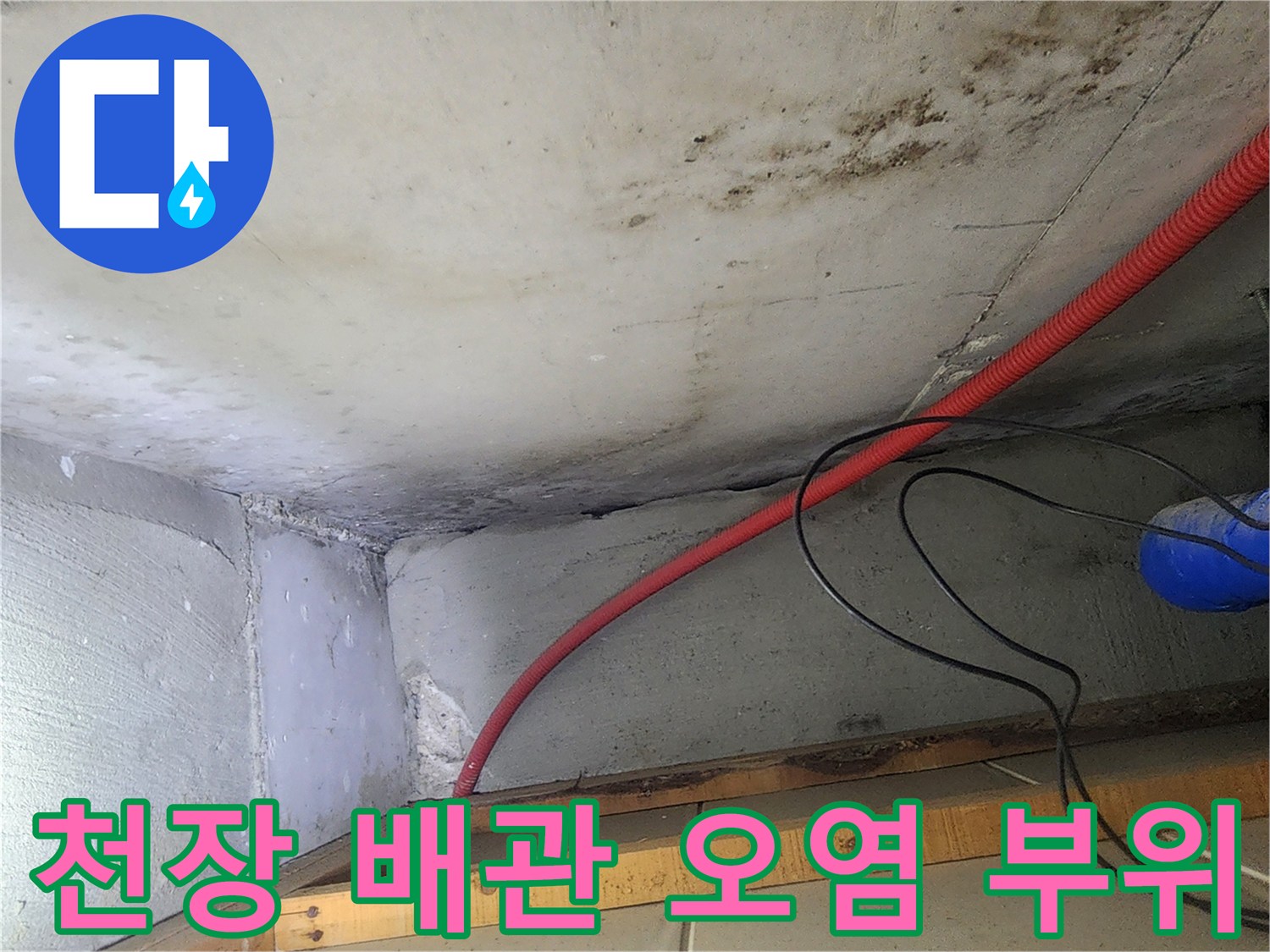 매립된 붉은 배관-주변의 곰팡이와 습기 흔적