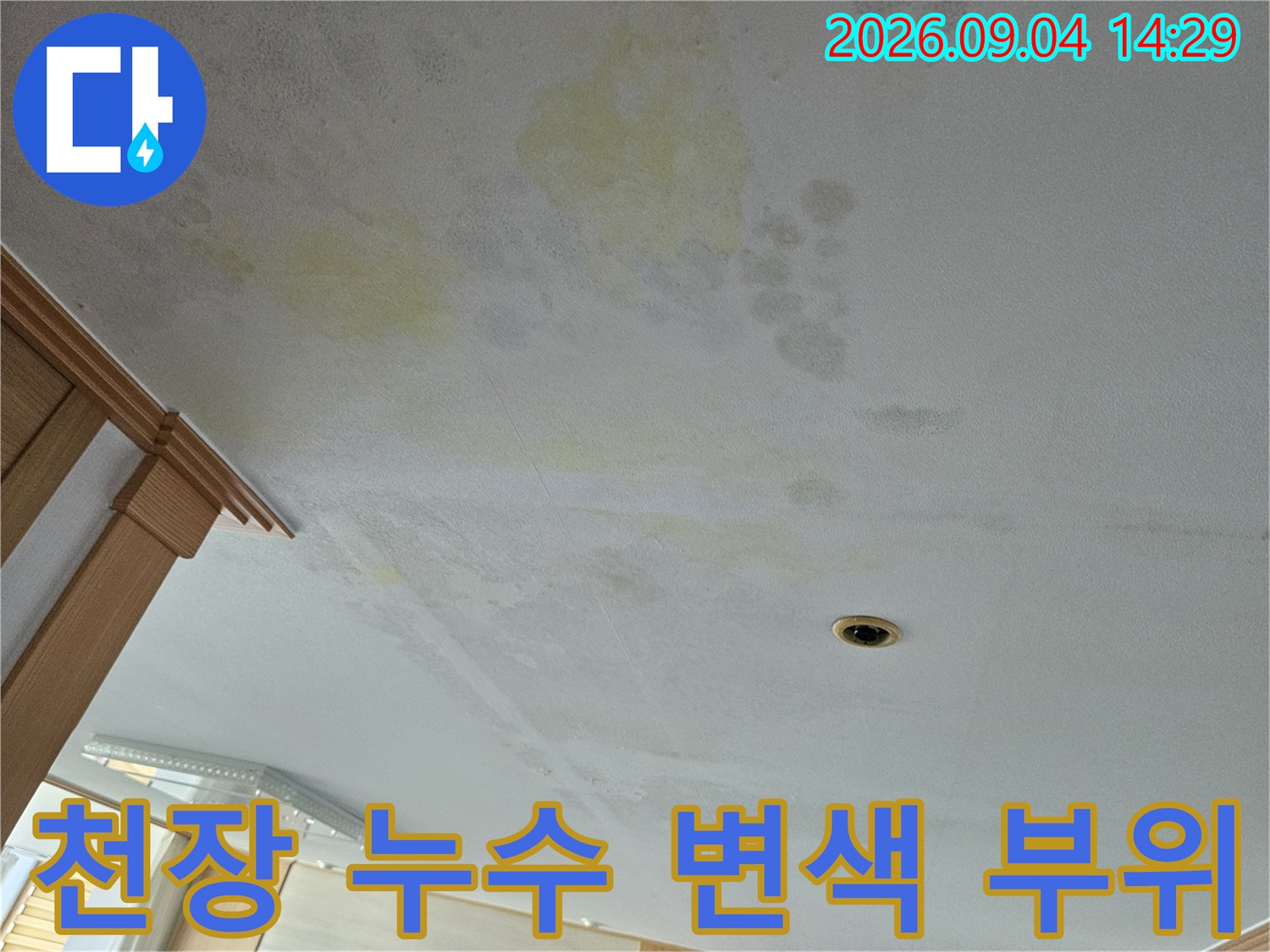 거실 천장 내부 - 누수로 인해 노랗게 변한 천장 마감재 상태