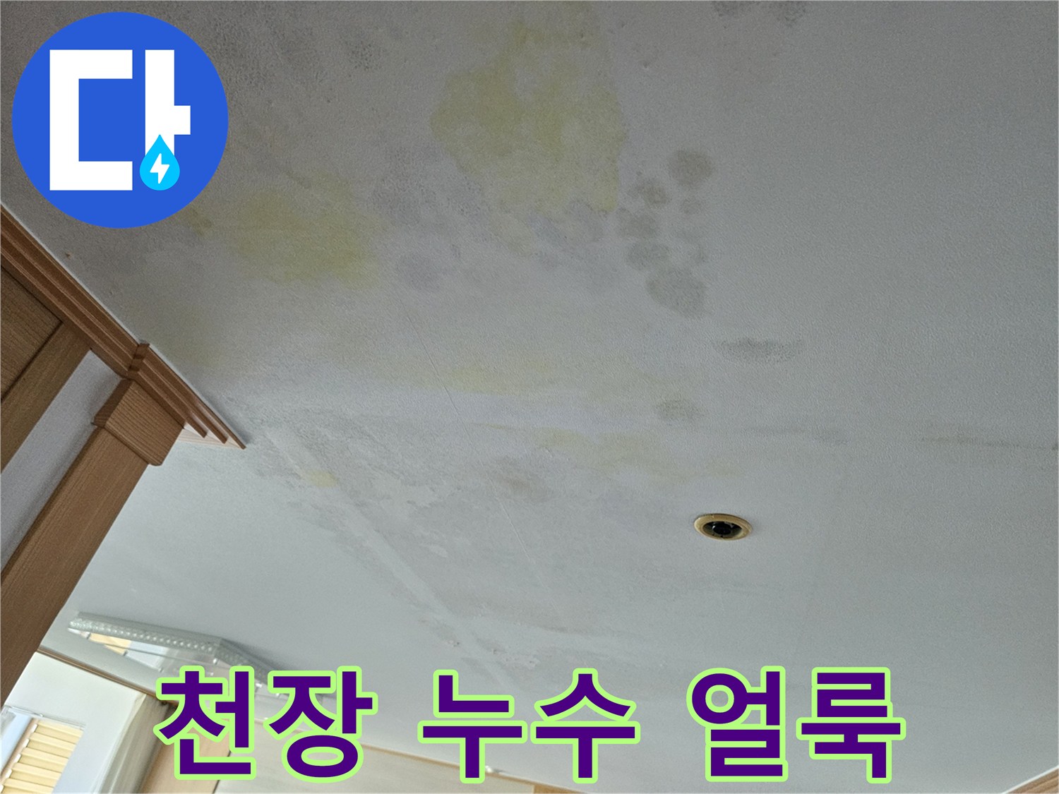 용인 처인구-아랫집 거실 천장에 발생한 누수 흔적과 노란 얼룩 상태