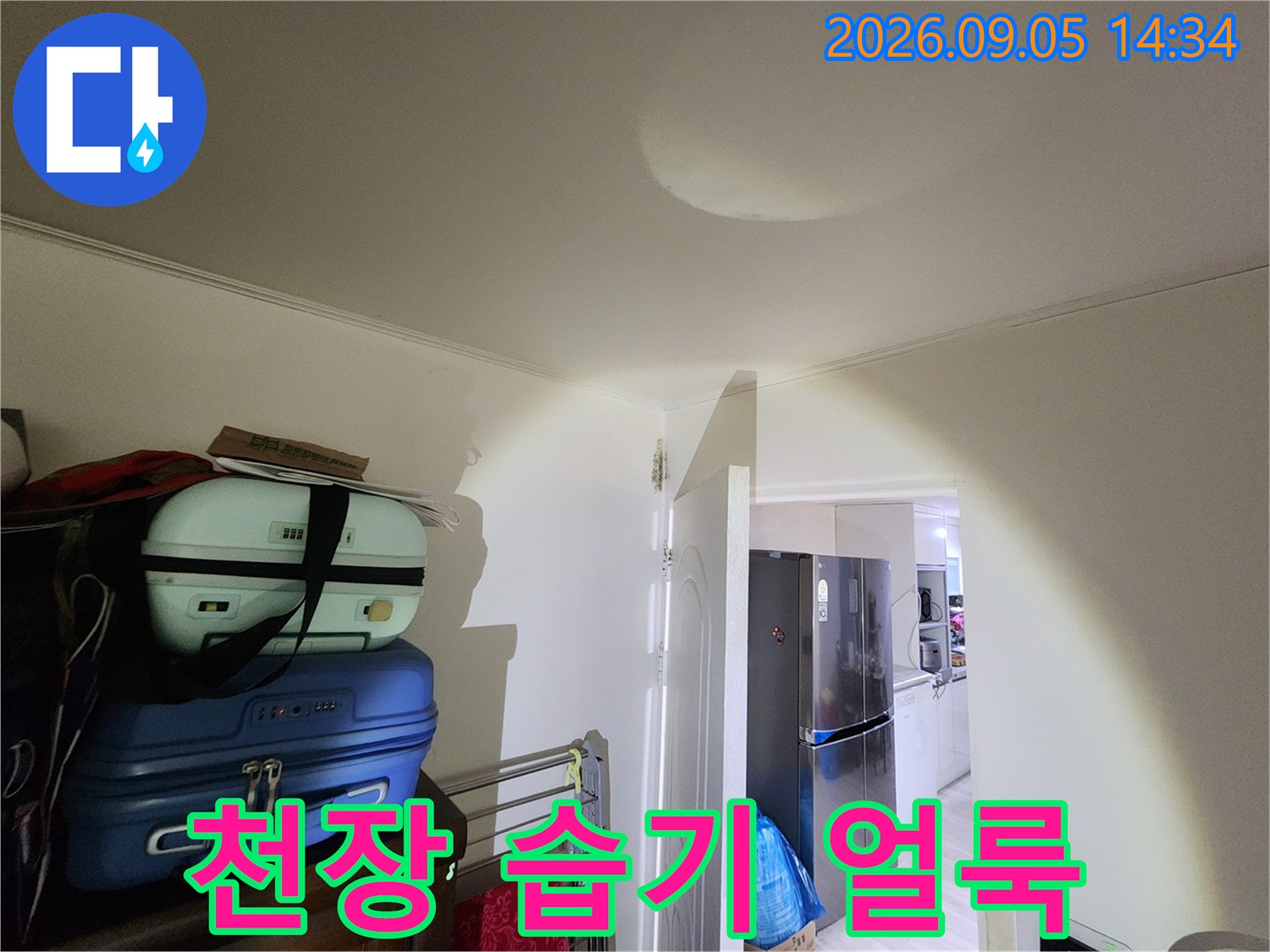 물기가 스며들어 둥글게 변색된 천장 벽지 모습