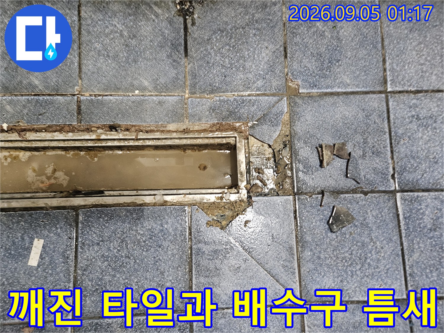 트렌치 유가 주변의 깨진 타일 조각과 노출된 메지 상태를 보여줍니다.
