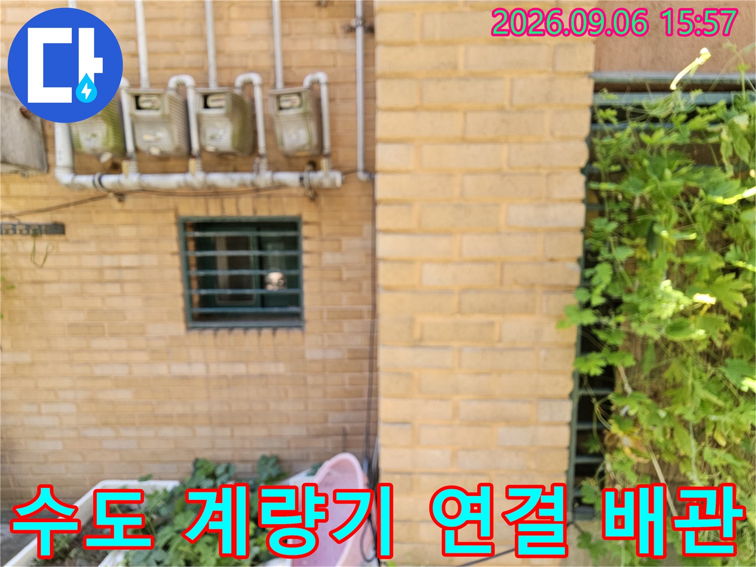 은평구 갈현동 빌라 벽면의 수도 계량기와 상부 수직 배관