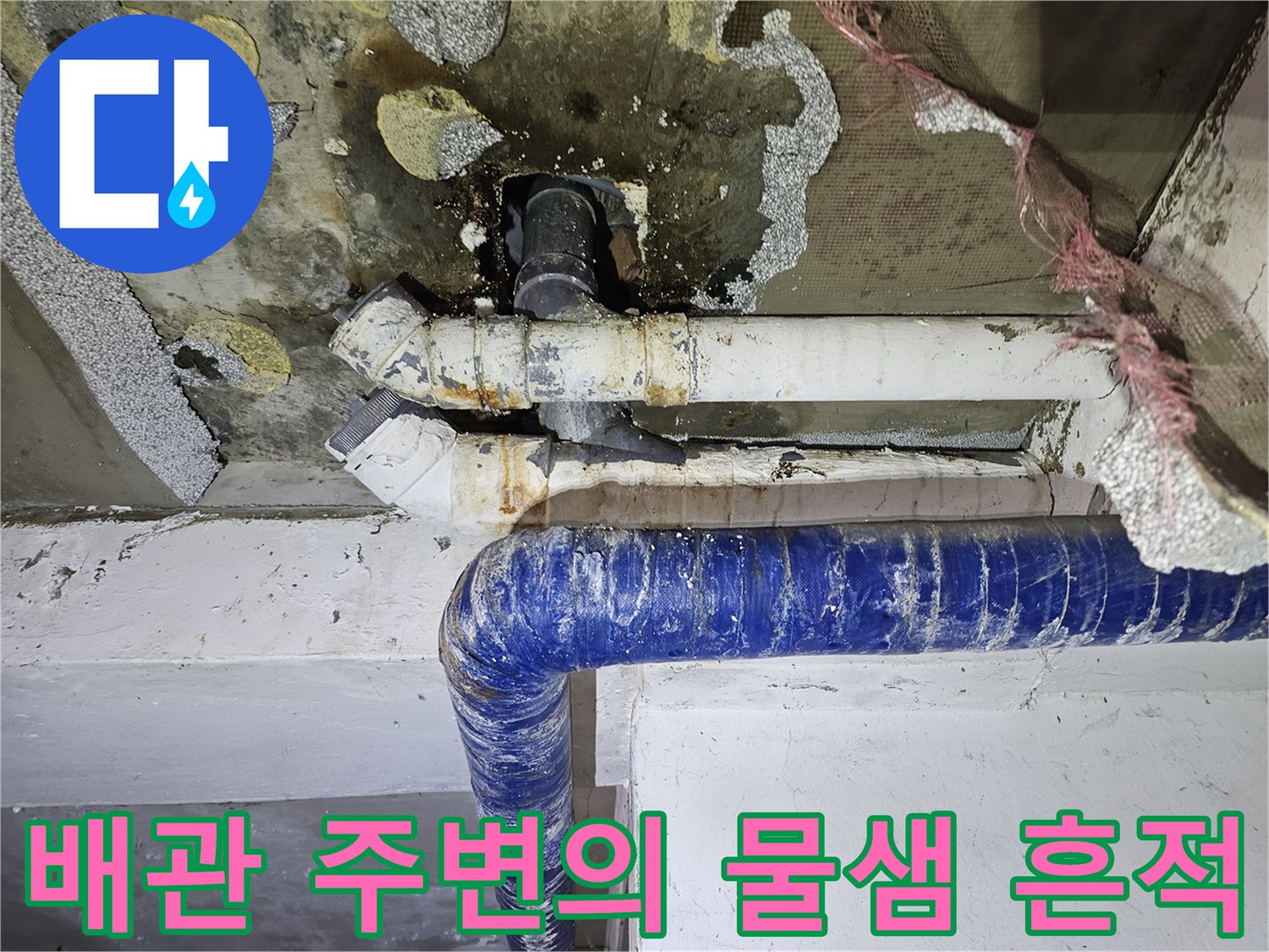 젖어 있는 천장 배관-물샘으로 인한 오염 상태