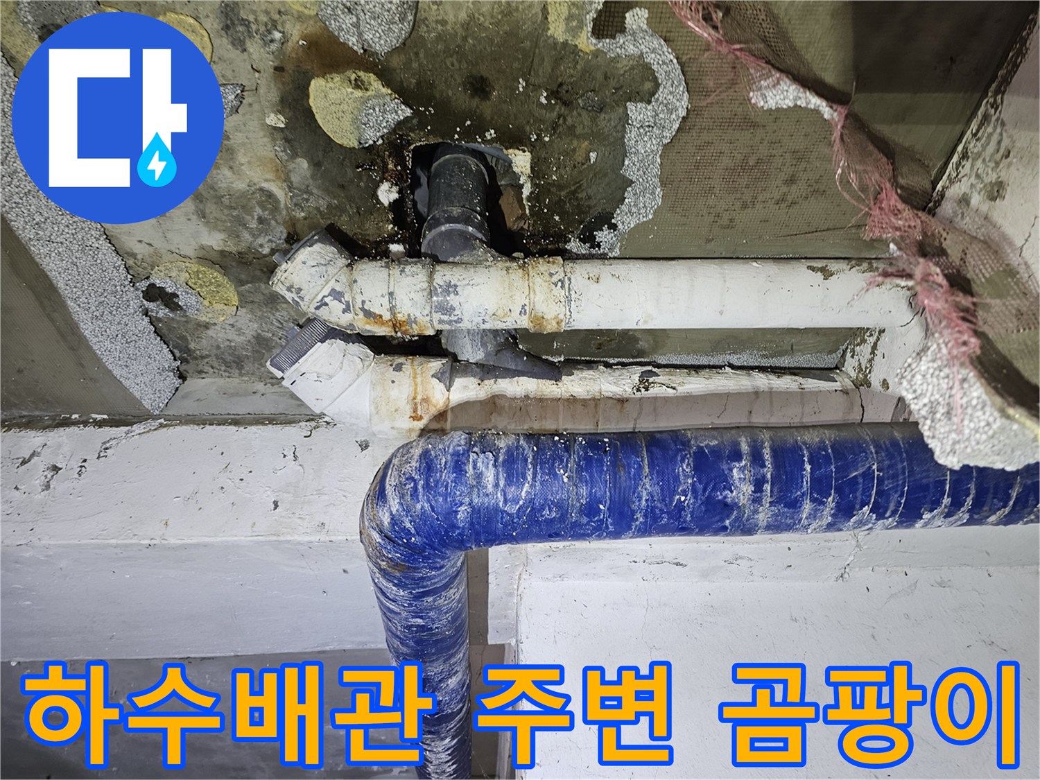 천장 배수 파이프-부식과 오염이 진행된 모습