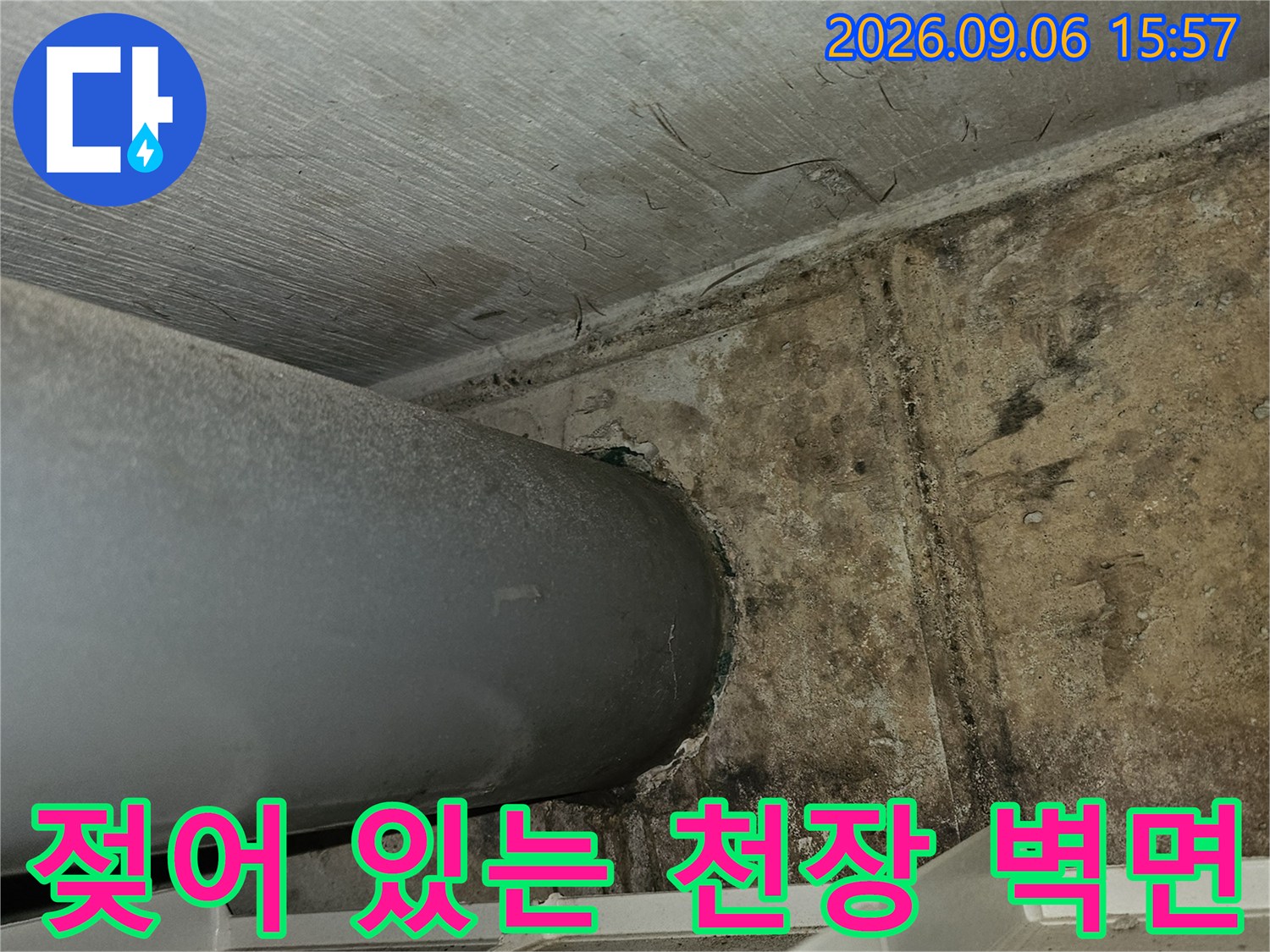천장 콘크리트 부위의 습기 침투와 배수 파이프 인접 구역의 오염 상태