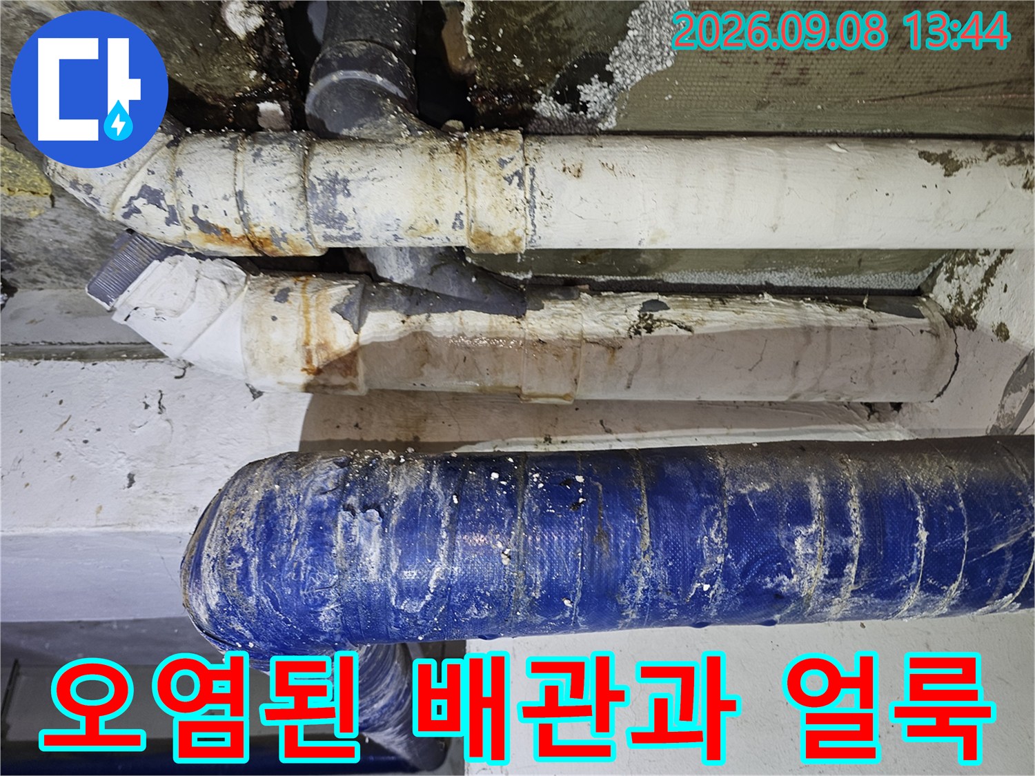 갈현동 현장-오염되고 젖은 상태의 배관 내부 모습