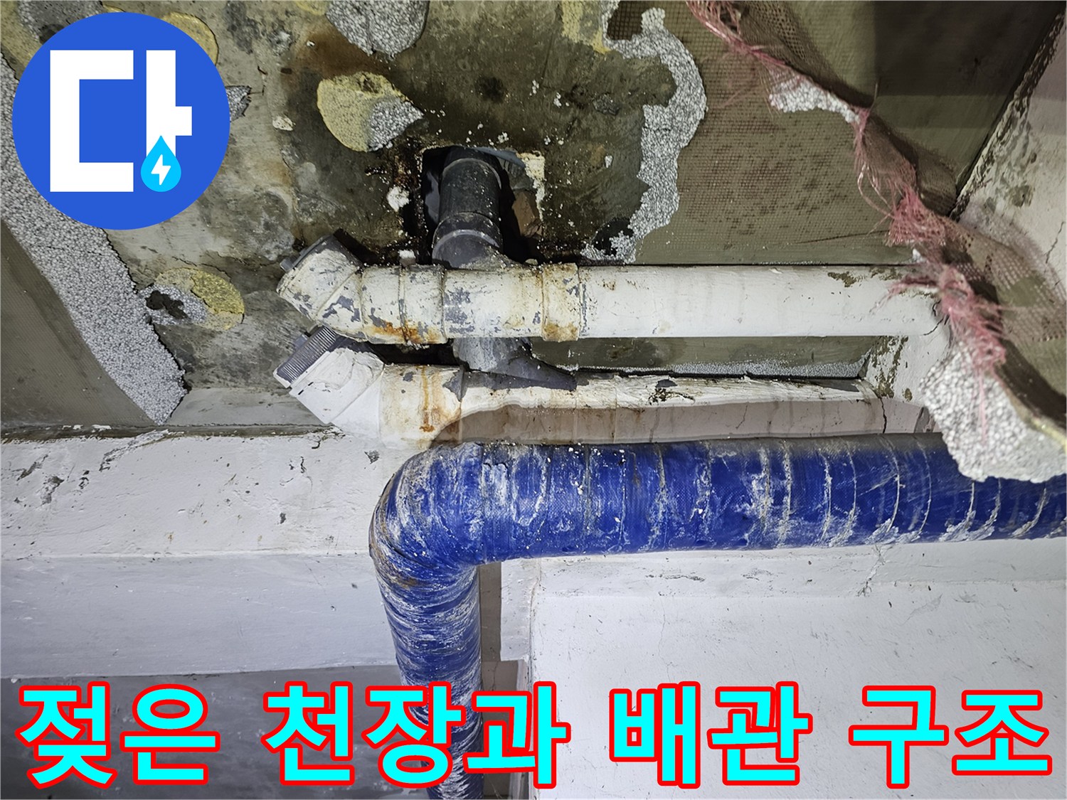 물에-젖어-변색된-천장-마감재와-배관