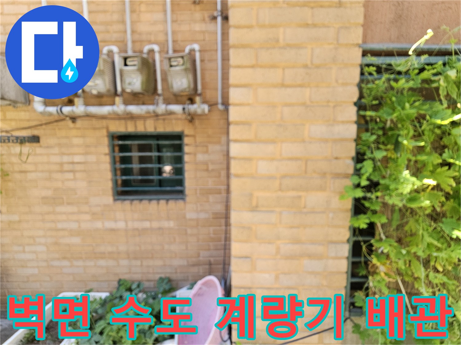 은평구 갈현동 건물 벽면에 설치된 수도 계량기와 연결된 급수 배관 시설물