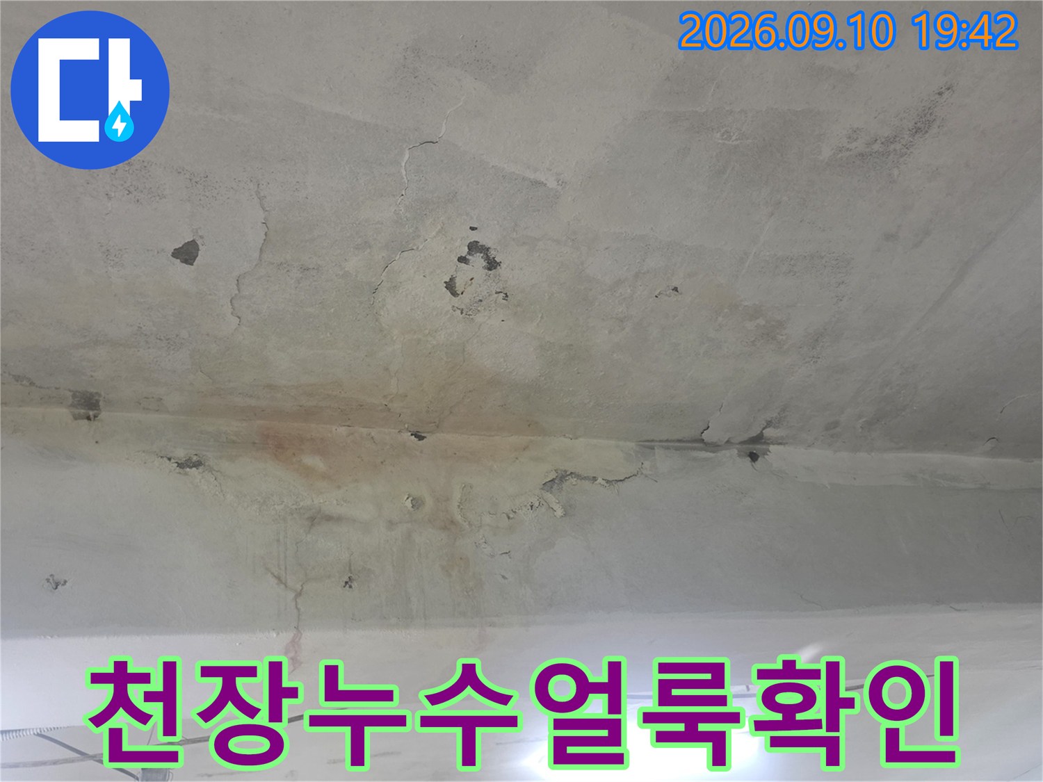 지하 계단 천장 콘크리트 면에 발생한 누수 얼룩과 물길 흔적