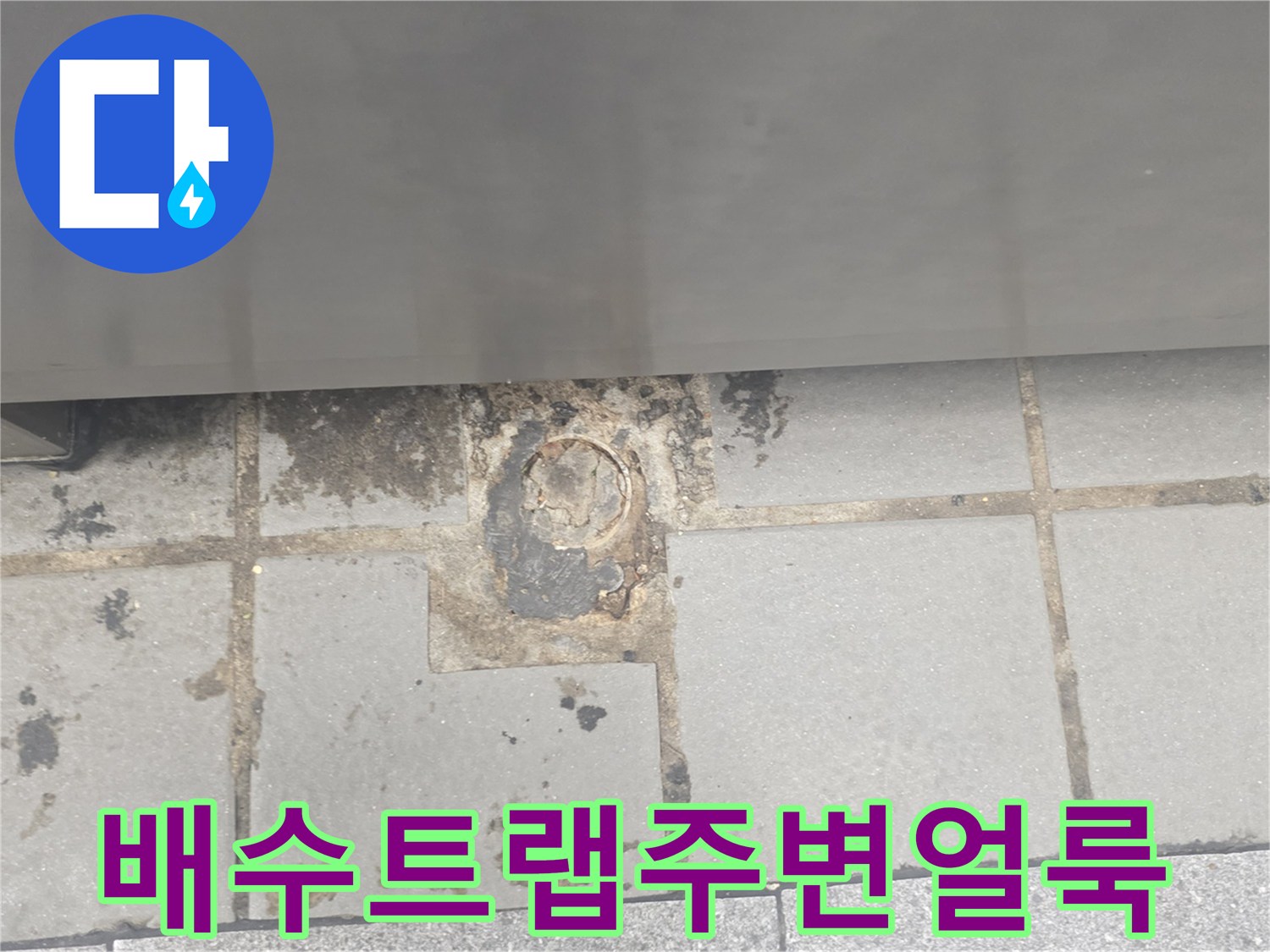 주방 배수 트랩 주변의 젖은 듯한 타일 얼룩과 오염된 배수구