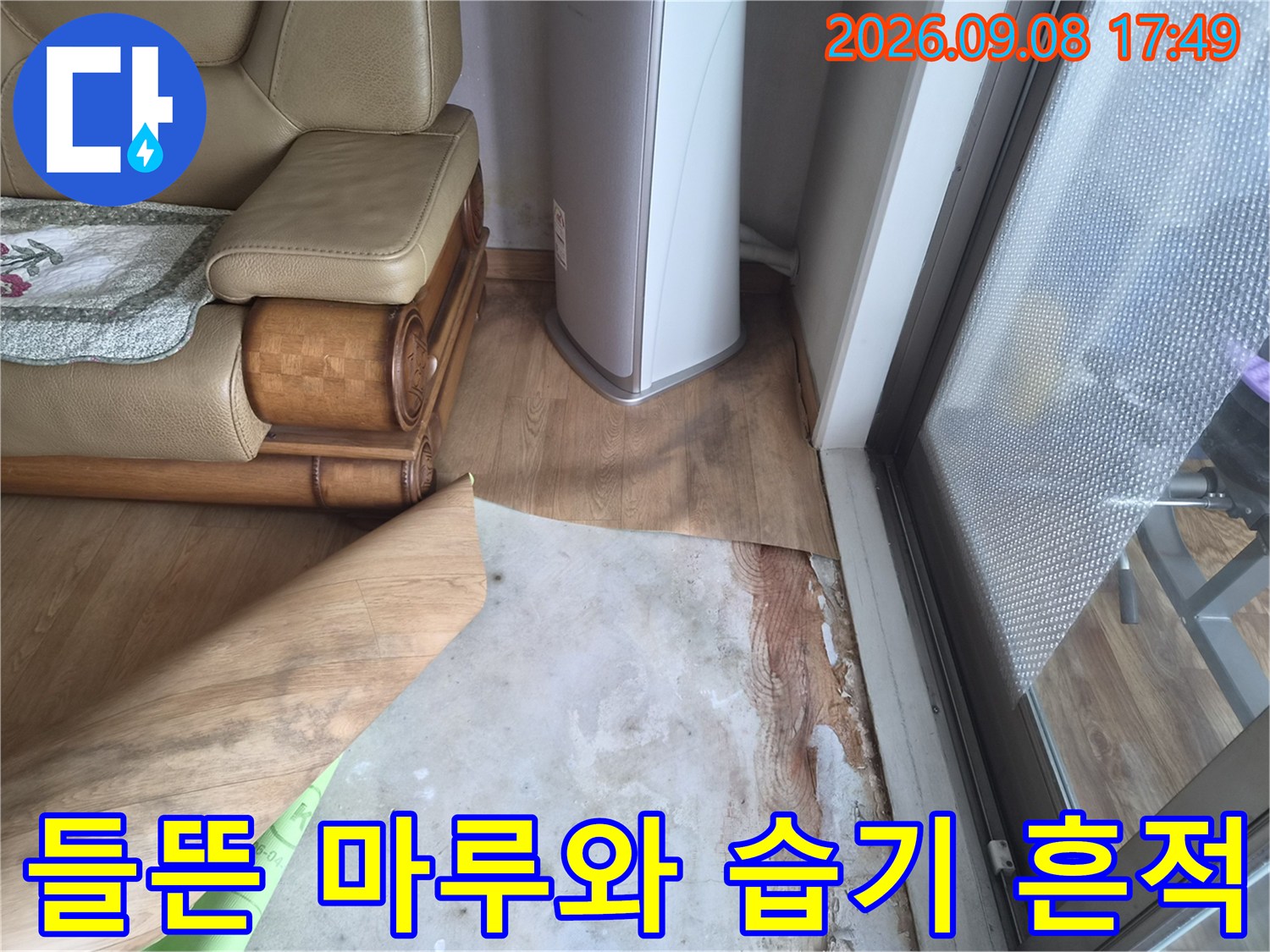 소파 옆 거실 마루가 습기로 인해 들뜨고 변색된 장면