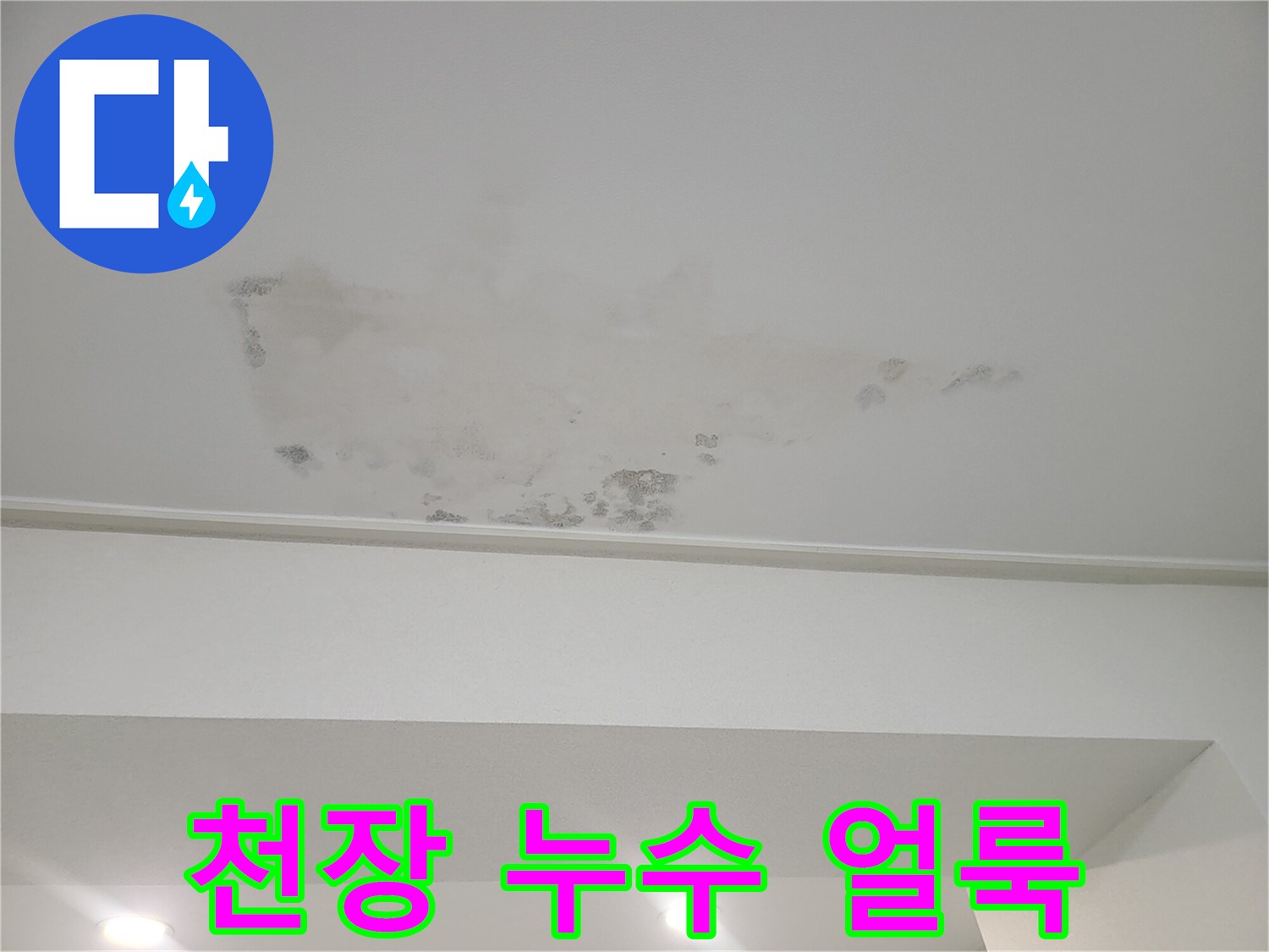 아파트 천장 부근에 발생한 넓은 물얼룩과 변색된 흔적