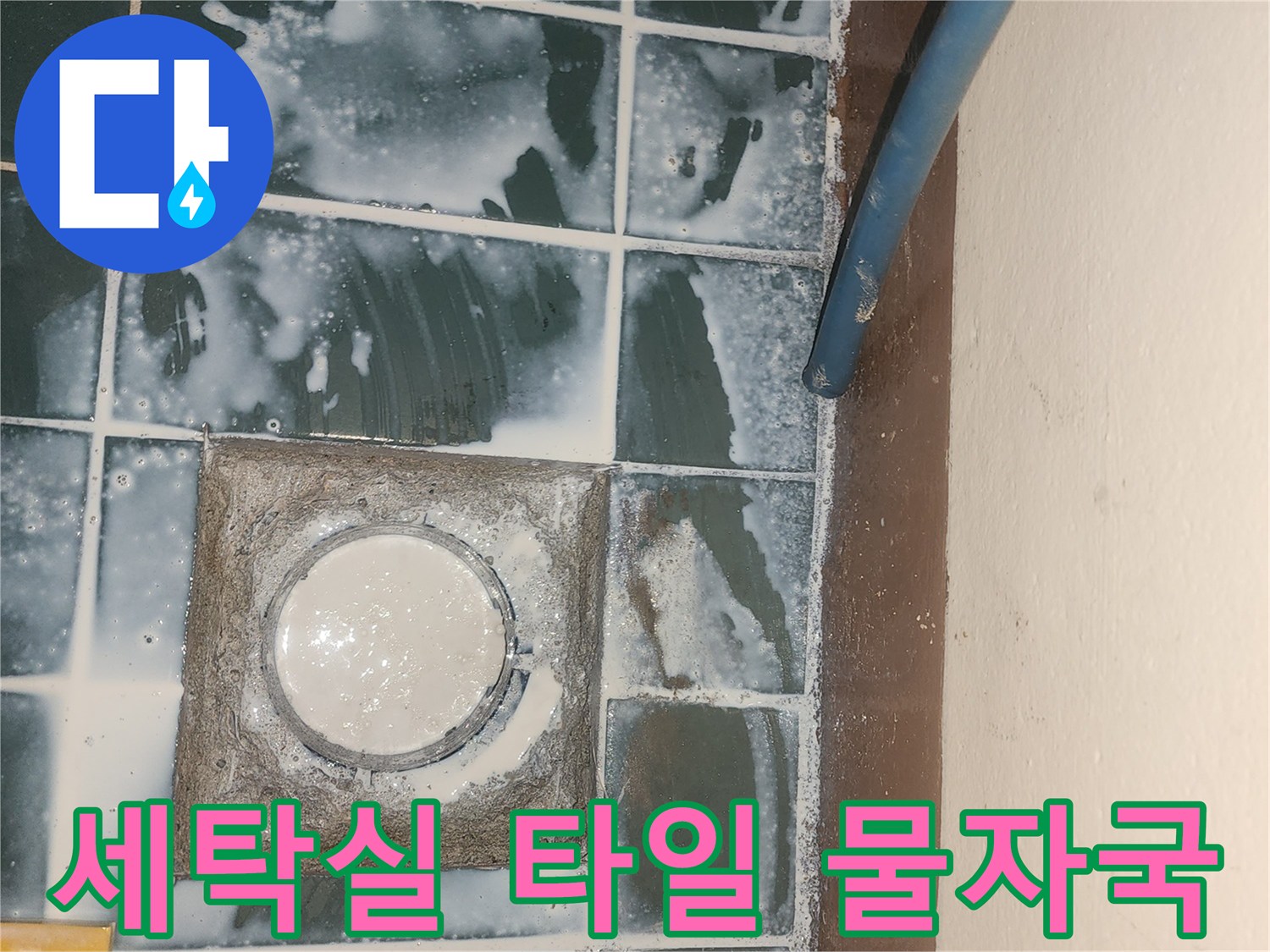 물이 스며들어 하얗게 얼룩진 세탁실 천장 타일 부위