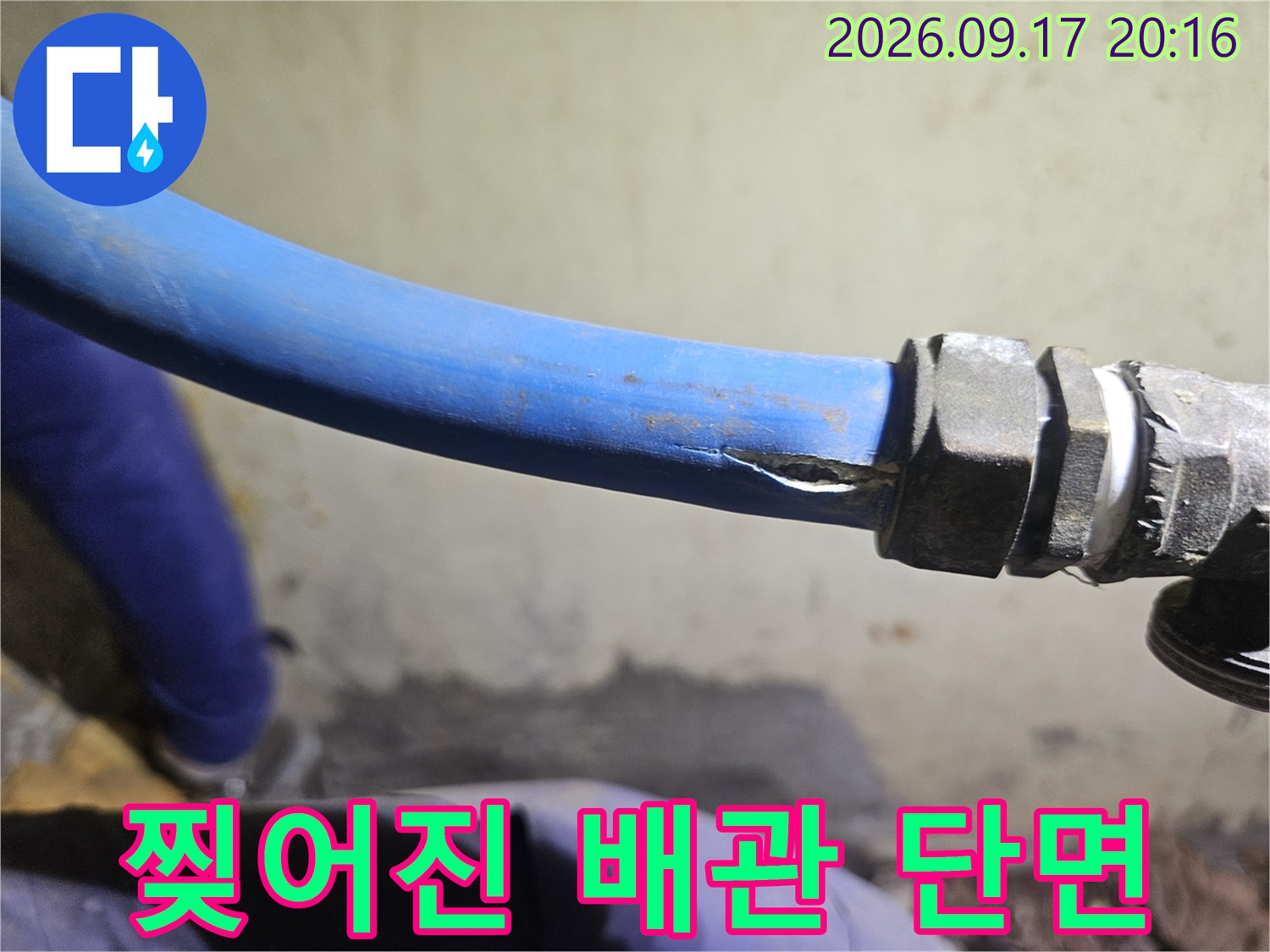 손상된 파란색 배관의 찢어진 부위 근접 사진입니다.